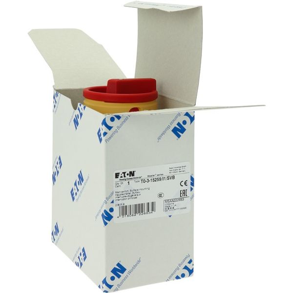 T0-3-15259/I1/SVB Main switch, T0, 20 A, surface mounting, 3 contact unit(s), 3 pole, 2 N/O, Emergency switching off function, With red rotary handle and yellow locking image 10