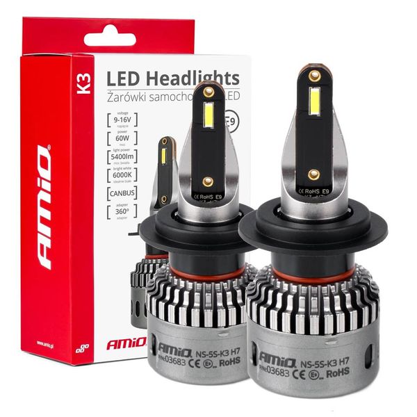 LED Headlights K3 Series H7 12V 6000K canbus AMIO-03683 image 1