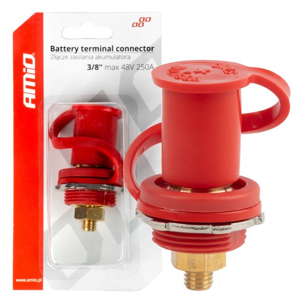 Red plus battery power connector with cap 3/8 M10 12V 24V 48V 250A AMIO-03814 image 1