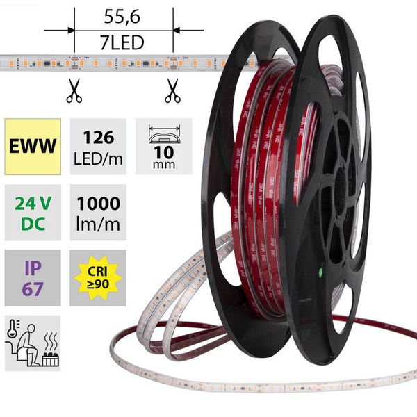 LED strip SMD2835 EWW 126LED/m 9,6W/m DC 24V 1000lm/m CRI90 IP67 105°C 10mm 50m image 1