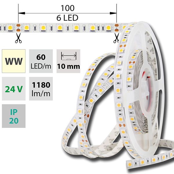 LED strip SMD5050 WW, 60LED/m, 14,4W/m, DC 24V, 1152lm/m, IP20, 10mm, 5m image 1