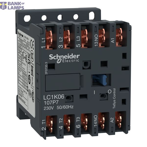 Contactor, TeSys K, 3P, AC-3/AC-3e,440V 9A, aux. 1NO, 110V AC coil, solder pins image 1