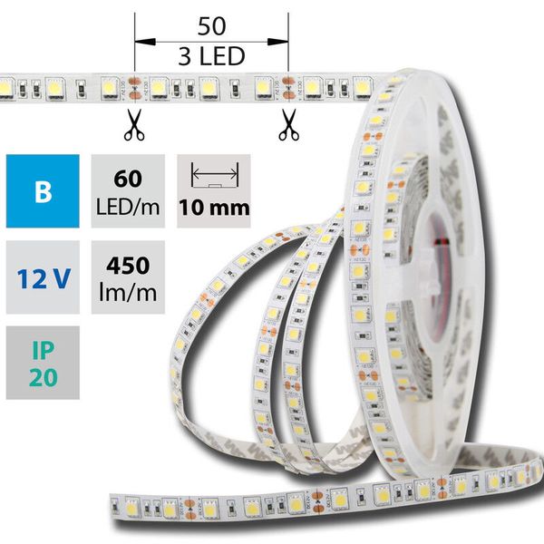 LED strip SMD5050 blue, 60LED/m, 14.4W/m, DC 12V, 450lm/m, IP20, 10mm, 50m image 1