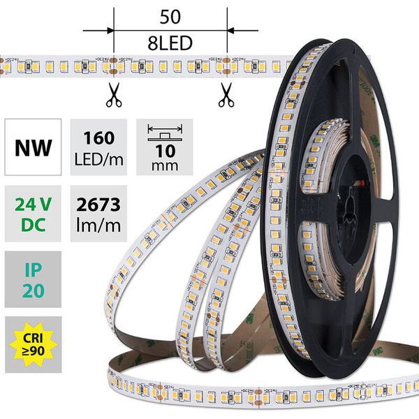 LED strip SMD2835 NW 160LED/m 19,2W/m DC 24V 2673lm/m CRI90 IP20 10mm 50m image 1