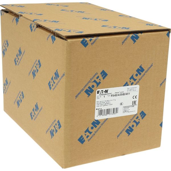 P3-63/I4/SVB/HI11 Main switch, P3, 63 A, surface mounting, 3 pole, 1 N/O, 1 N/C, Emergency switching off function, With red rotary handle and yellow locking ring, Locka image 60