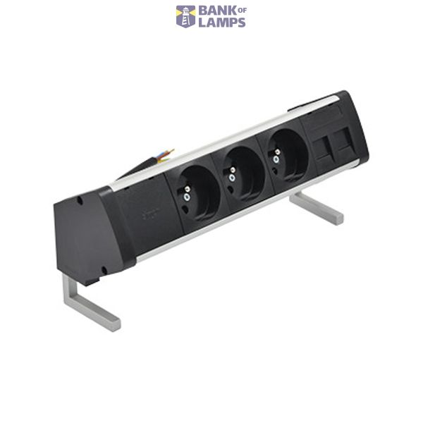 Desk socket set: 3x250V type E + 2xRJ45 plate with Keystone mounting, 10 cm cable; aluminum black image 1