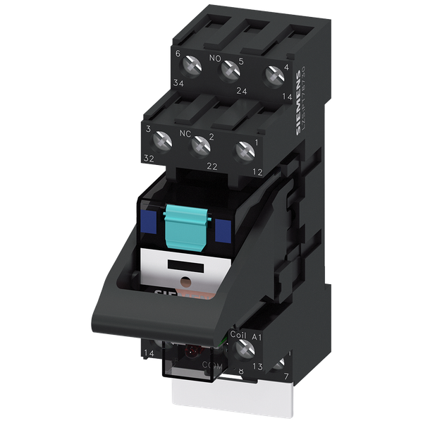 plug-in relay complete unit, 3 changeover contacts, 24 V DC, LED module red, standard plug-in image 1