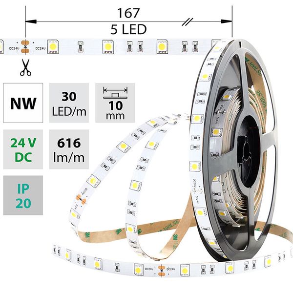 LED strip SMD5050 NW, 30LED/m, 8,5W/m, 616lm/m, IP20, DC 24V, 10mm, 50m image 1