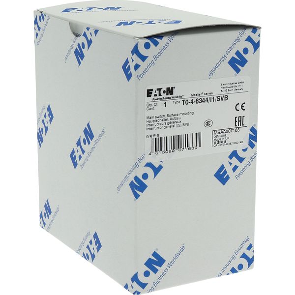 T0-4-8344/I1/SVB Main switch, T0, 20 A, surface mounting, 4 contact unit(s), 8-pole, Emergency switching off function, With red rotary handle and yellow locking ring, image 41
