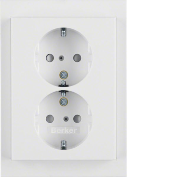 Double socket, SCHUKO with frame, 16 A, 250 V~, screwless. clamps, Berker K.1, white, gloss image 1