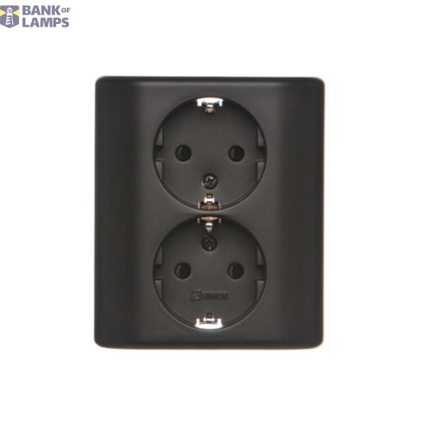 Double socket outlet with Schuko earthing and shutters, flush mounted - Scandinavian version, (Complete product), 16A, 250V, quick connection, black matt image 1