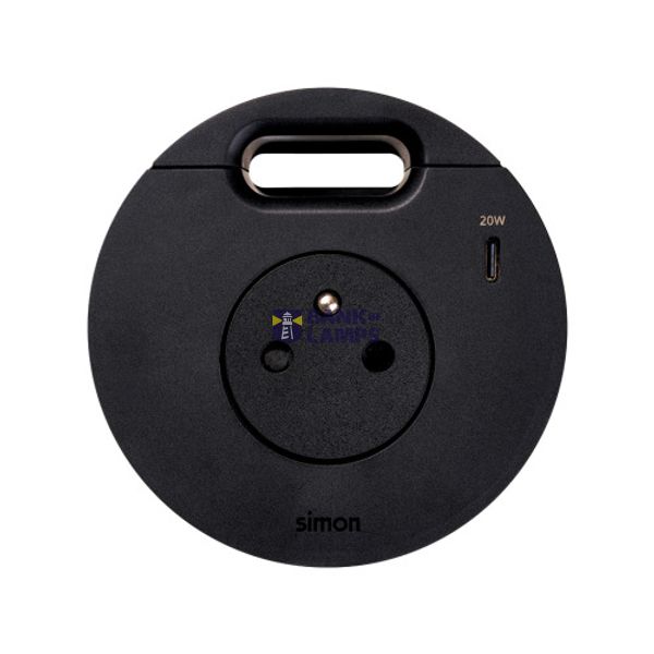 Furniture power socket (pin grounding) with USB-C 20W charger and grommet (cable outlet), Simon 400 Flash 90, IP20, 16A, black, Mount. dimen.: Ø80mm image 1