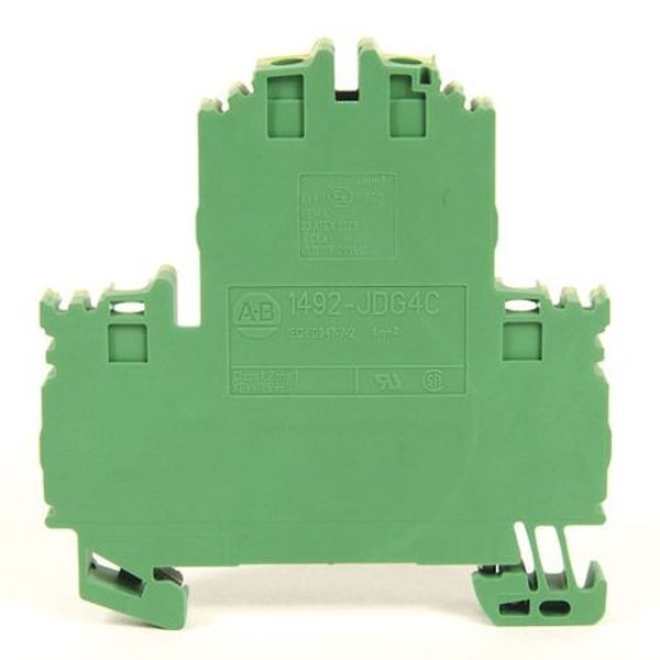 Allen-Bradley, 1492-J IEC Terminal Block, Two-Circuit Feed-Through Ground Block, 4 mm (# 22 AWG - # 10 AWG) or 2.5 mm (# 22 AWG - # 12 AWG), 4 Connection points, Green / Yellow Stripe (Standard), image 1