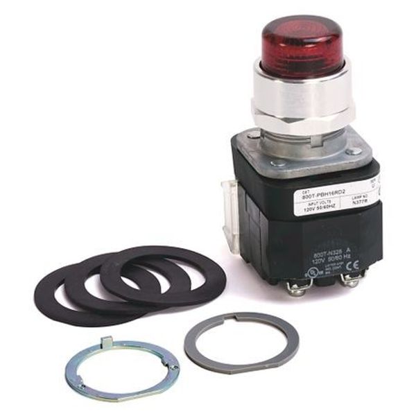 Allen-Bradley, 800T-PBH16RD2, 30.5mm Type 4/13 Mom. Contact PB-Illum., Red, Ext. Hd w/o Guard, LED, 120V AC 50/60 Hz, 1 NC image 1