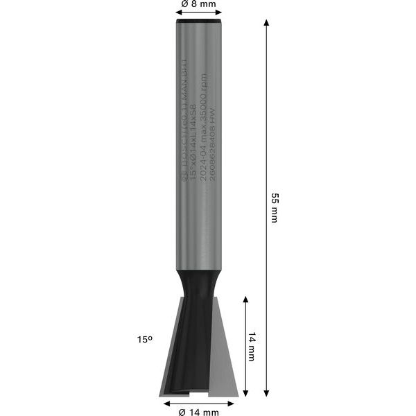 Dovetail bit, 8 mm, D1 14 mm, L 14 mm, G 55 mm, 15° image 1