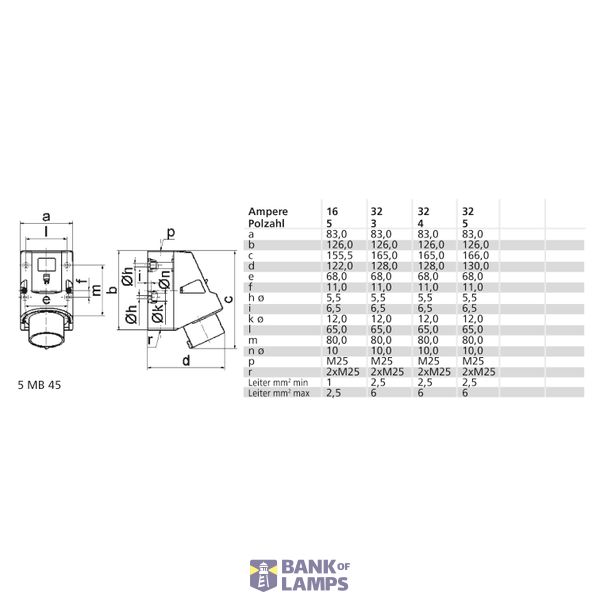 TCD 6h 32A 5P 400V IP44 126x83 QC TE Opb Ni image 3