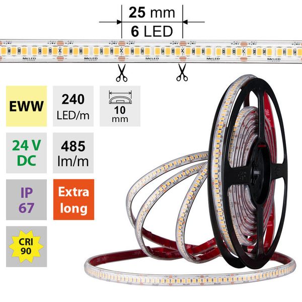 LED strip SMD2835 EWW, 240LED/m, 6W/m, DC 24V, 485lm/m, CRI90, IP67, 10mm, 50m image 1