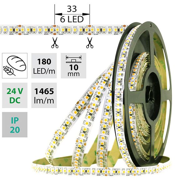 LED strip SMD3528B 180LED/m 14.4W/m 1241lm/m IP20 DC24V 10mm 5m (pastry) image 1