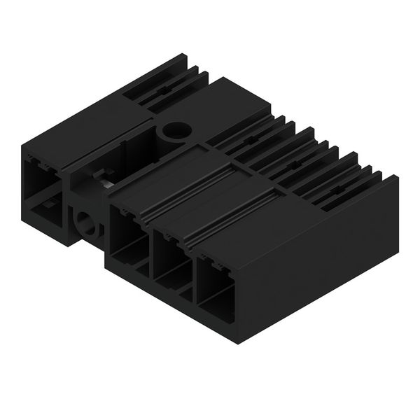PCB plug-in connector, male header, closed side, Middle screw flange, THT solder connection, 7.62 mm, Number of poles: 4, 90°, Solder pin length (l): 3.5 mm, tinned, black, Box image 1
