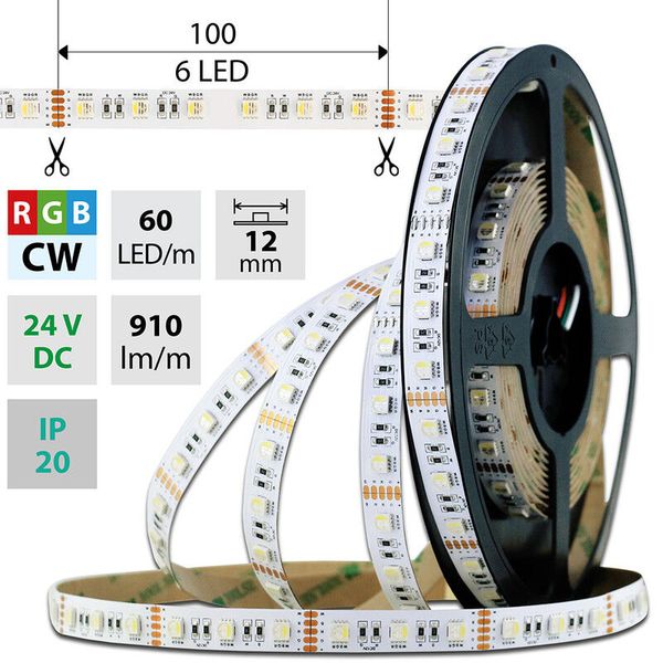LED strip SMD5050 RGB + CW, 60LED/m, 19,2W/m, 910lm/m, IP20, DC 24V, 12mm, 50m image 1