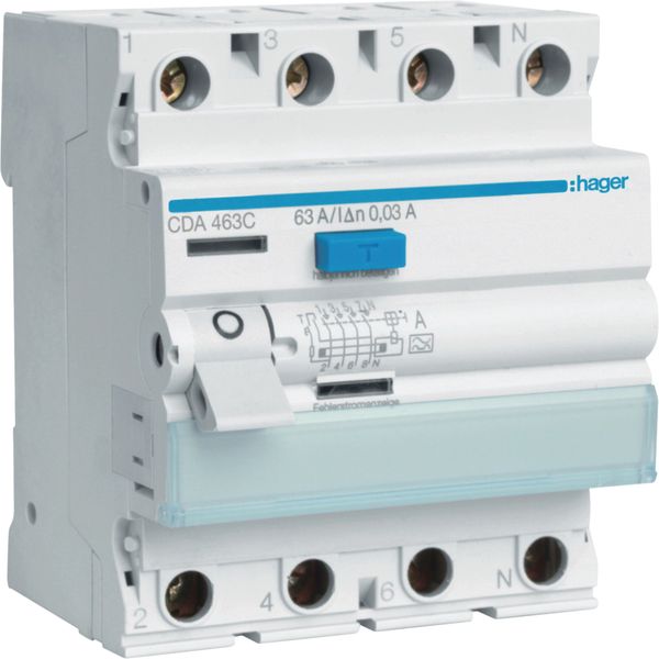 Residual Current Circuit Breaker Hager RCCB (RCD) 4P 400V 0.03A Type A 63A 4TE image 1