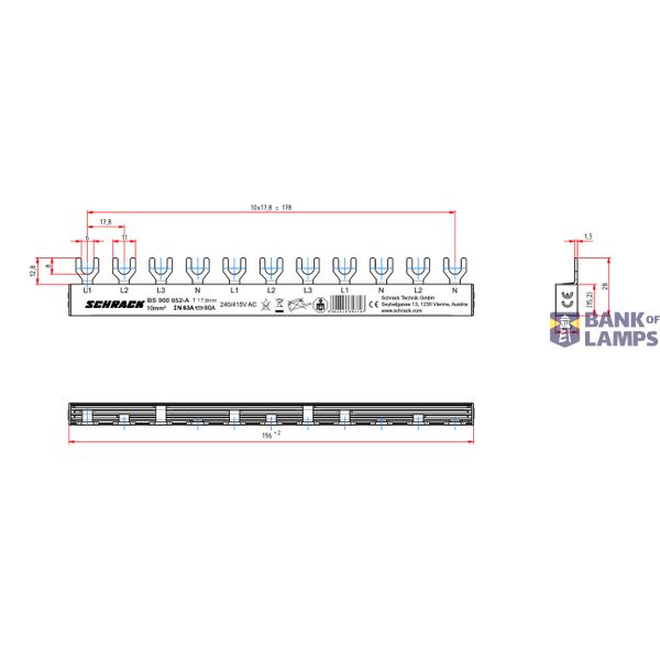 Busbar, 1xRCCB 4-pole, 1xMCB 3-pole, 2xMCB 1+N, 11MW, 10mmý image 8