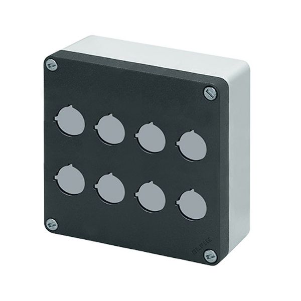 Aluminium push-button enclosure M10 140x140x65, 8 holes Ø 22, with cable entry image 1