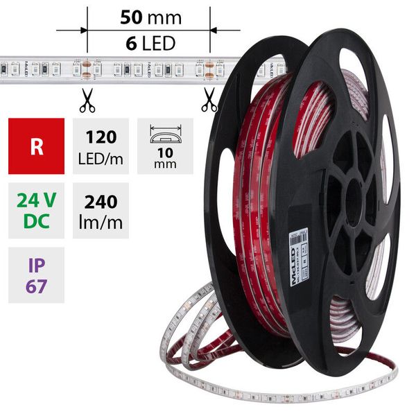 LED strip SMD2835 red, 120LED/m, 9.6W/m, DC 24V, 290lm/m, IP67, 10mm, 50m image 1