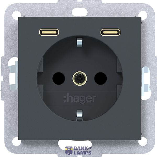 SCHUKO wall socket with earth connection, 2 x USB C (PD), A.x/C.x, anthracite. image 1