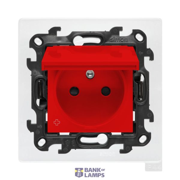 Single socket outlet with earthing for IP44 version without frame seal, with shutters, (module), Simon 24, IP44, 16A, anibacterial red, Flap color: Same as a cover image 1
