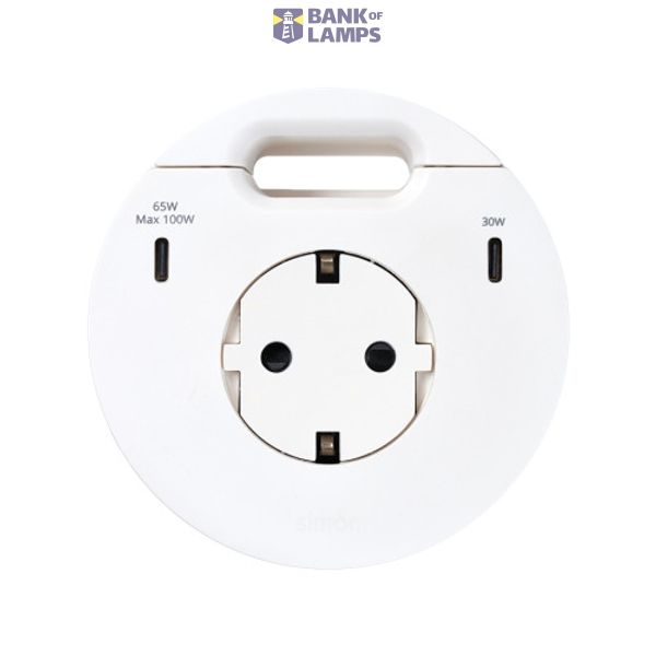 Furniture power socket (schuko grounding) with USB-C 100W charger and grommet (cable outlet), Simon 400 Flash 90, IP20, 16A, white, Mount. dimen.: Ø80mm image 1
