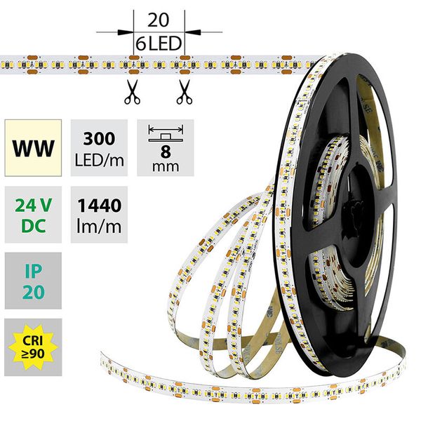 LED strip SMD2216 WW, 300LED/m, 18W/m, 1440lm/m, IP20, DC 24V, 8mm, 30m image 1