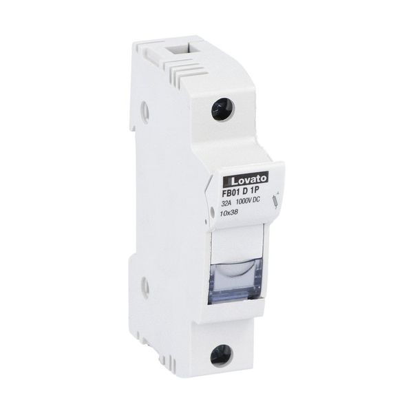 Fuse holder UL certified for photovoltaic applications, for 10X38mm fuses. 32A rated current at 1000VDC, 1P. Without status indicator. 1 module image 1