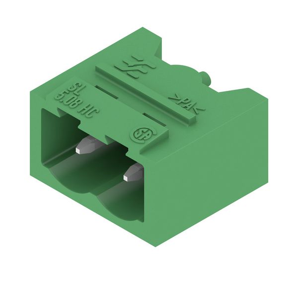 PCB plug-in connector, male header, closed side, THT solder connection, 5.08 mm, Number of poles: 2, 90°, Solder pin length (l): 3.2 mm, tinned, green, Box image 2