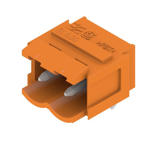 PCB plug-in connector, male header, Dovetails for fixing blocks, THT solder connection, 5.00 mm, Number of poles: 2, 90°, Solder pin length (l): 3.2 mm, tinned, orange, Box image 2