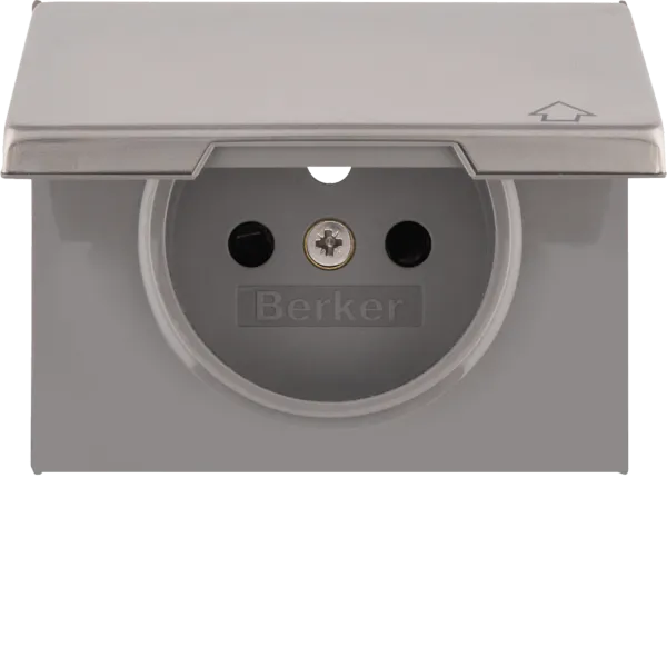 Central part for socket with earthing pin with protection against contact with lid, Berker K.5, high quality. stainless steel. steel image 1