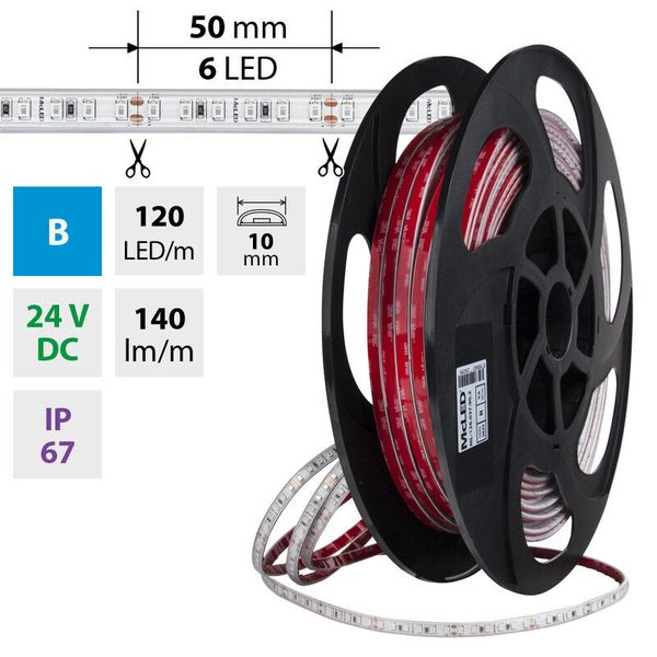 LED strip SMD2835 blue, 120LED/m, 9.6W/m, DC 24V, 140lm/m, IP67, 10mm, 50m image 1