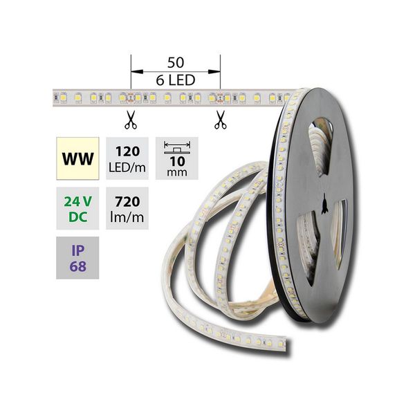 LED strip warm white WW, 120LED 9.6W/24V 720lm/m IP68, 5 m image 1