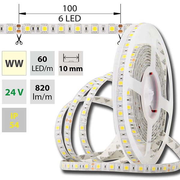 LED strip SMD5050 WW, 60LED/m, 14,4W/m, 1036lm/m, IP54, DC 24V, 10mm, 5m image 1