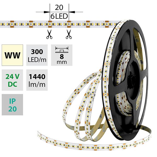 LED strip SMD2216 WW, 300LED/m, 18W/m, 1440lm/m, IP20, DC 24V, 8mm, 5m image 1