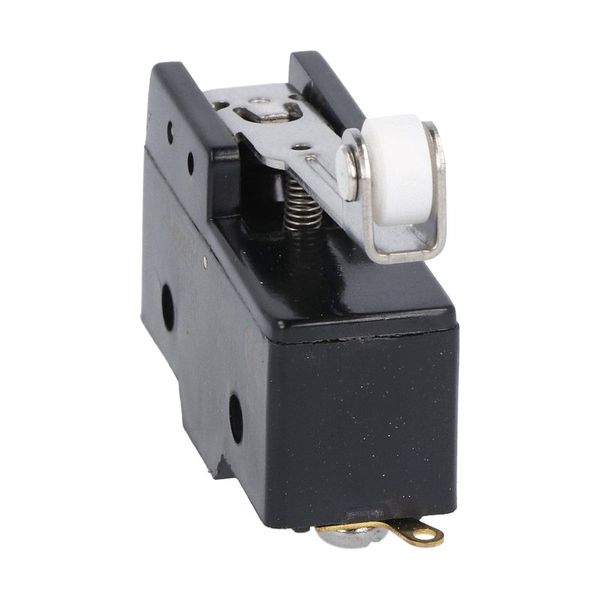 Plastic micro switch, K series, roller centre push lever. 48.5mm/1.91in long lever. Contacts 1NO/NC. Solder terminals image 1