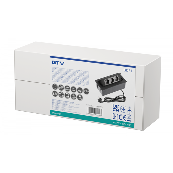 Furniture socket SOFT, 3xSHUKO, cable 1.5 m, black image 2