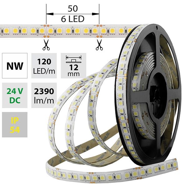 LED strip SMD5050 NW, 120LED/m, 28,8W/m, 2390lm/m, IP54, DC 24V, 12mm, 5m image 1