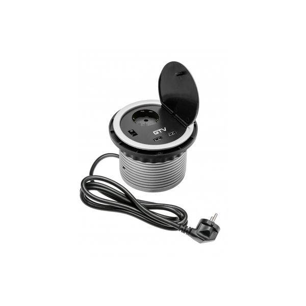 Furniture socket CHARGER, Ø100 mm, 1xSHUKO, 2xUSB-A 2A, cable 1.5 m, gray image 1