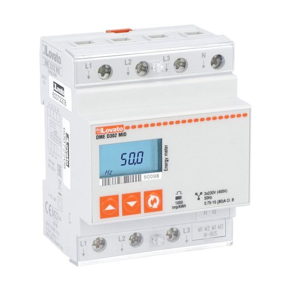 Energy meter, three-phase with neutral, non expandable, MID certified, 80A direct connection, 4U, M-BUS interface, multi-measurements image 1