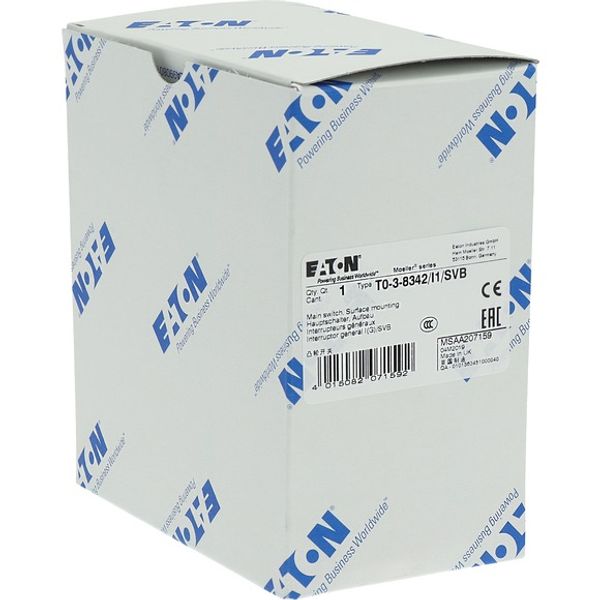 T0-3-8342/I1/SVB Main switch, T0, 20 A, surface mounting, 3 contact unit(s), 6 pole, Emergency switching off function, With red rotary handle and yellow locking ring, image 9