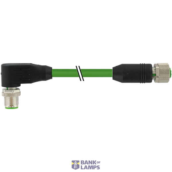 M12 male 90° / M12 female 0° X-cod. shielded PUR 4x2xAWG26 gn 0.3m image 1