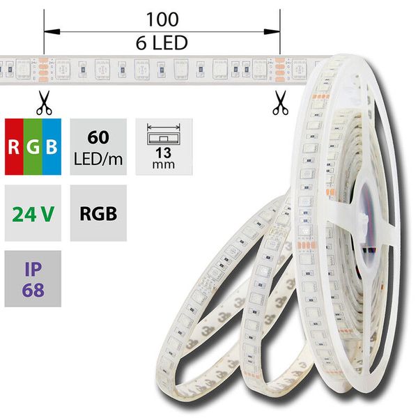 LED strip SMD5050 RGB, 60LED/m, 14.4W/m, DC24V, 483lm/m, IP68, 13mm, 5m image 1