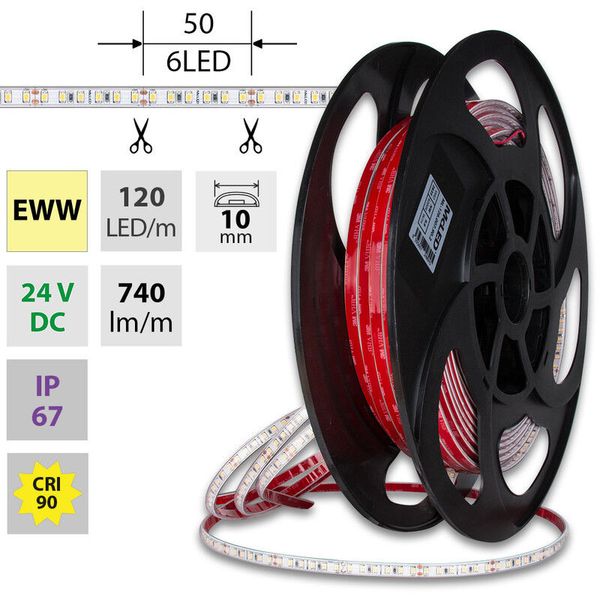 LED strip SMD2835 EWW, 120LED/m, 9,6W/m, DC 24V, 740lm/m, CRI90, IP67, 10mm, 50m image 1
