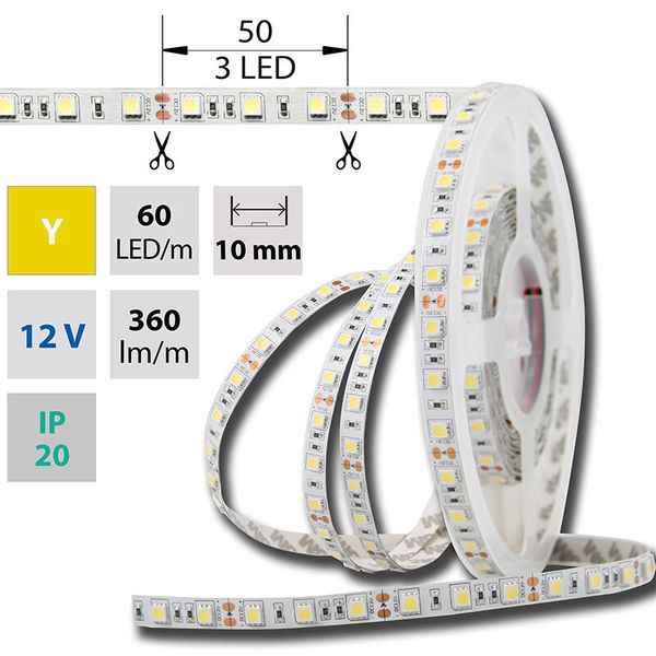 LED strip SMD5050 yellow, 60LED/m, 14.4W/m, DC 12V, 360lm/m, IP20, 10mm, 5m image 1